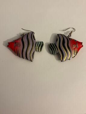 Vintage Hand Painted Wood Fish Dangle Earrings